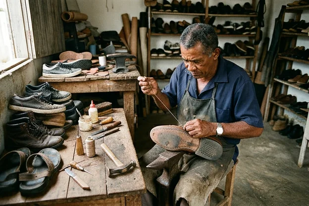 Sapatos variados sendo consertados por um especialista em Itapipoca.