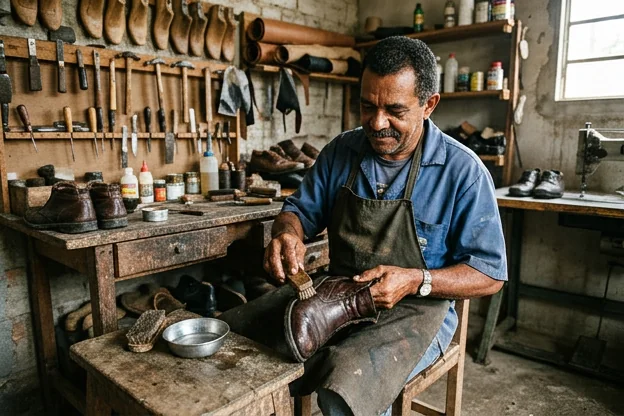 Sapateiro aplicando impermeabilizante em um par de sapatos em Itapipoca.